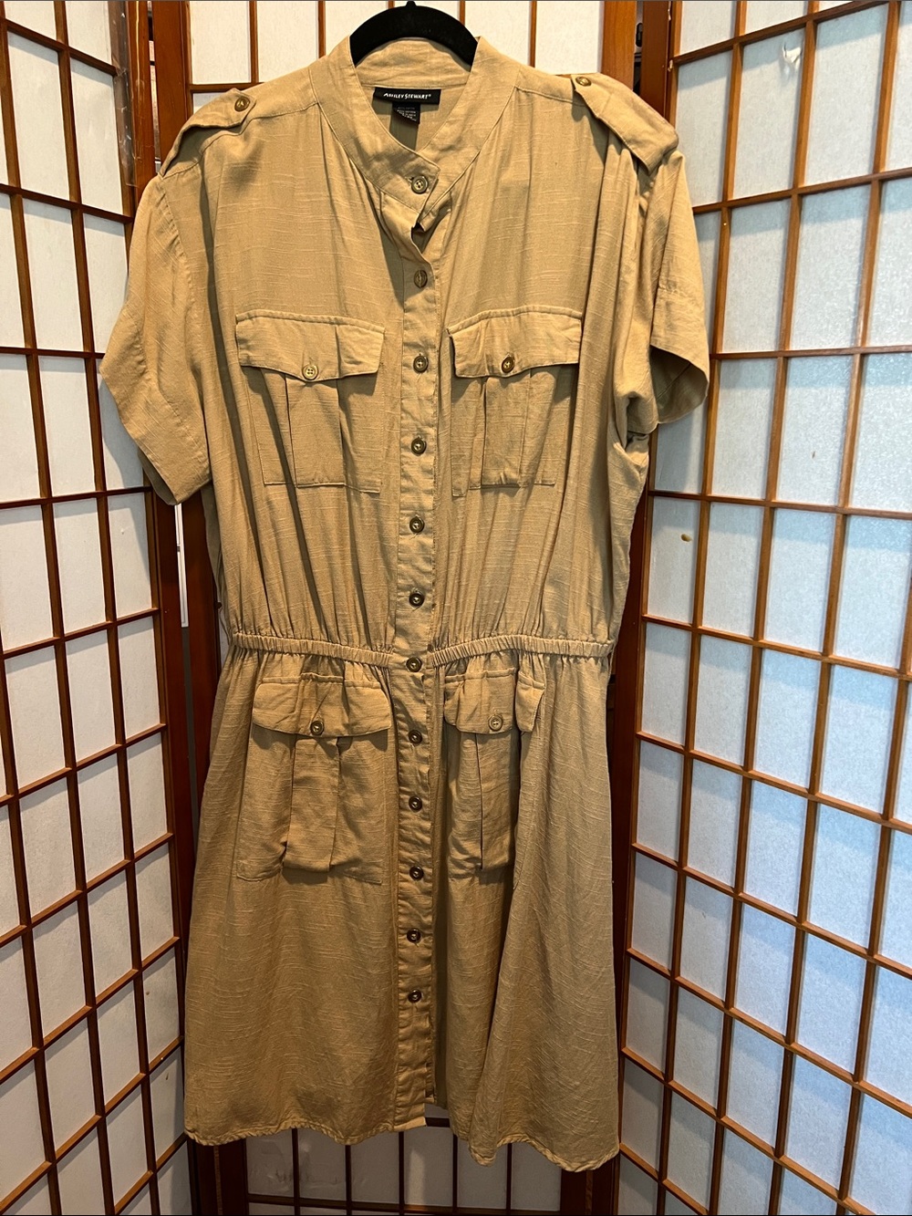 Ashley Stewart Tan Button-Front Utility Dress